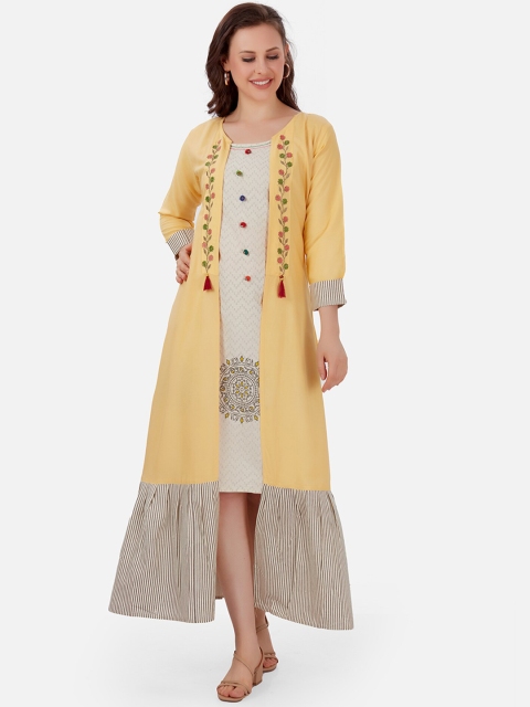 

Kiana Yellow Floral Embroidered Layered A-Line Maxi Dress with Attached shrug