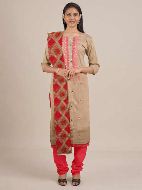 

Pothys Beige & Red Embroidered Unstitched Dress Material