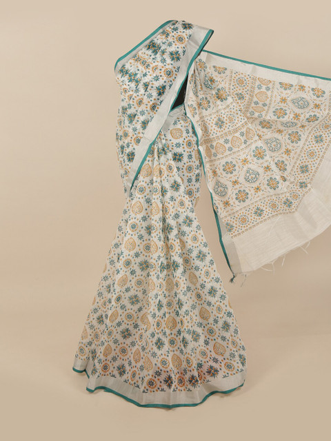 

Pothys White & Sea Green Woven Design Saree