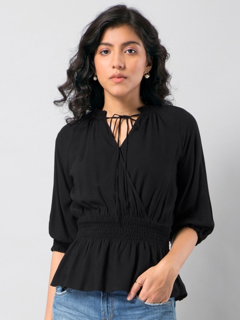 

FabAlley Women Black Tie-Up Neck Wrap Cinched Waist Top
