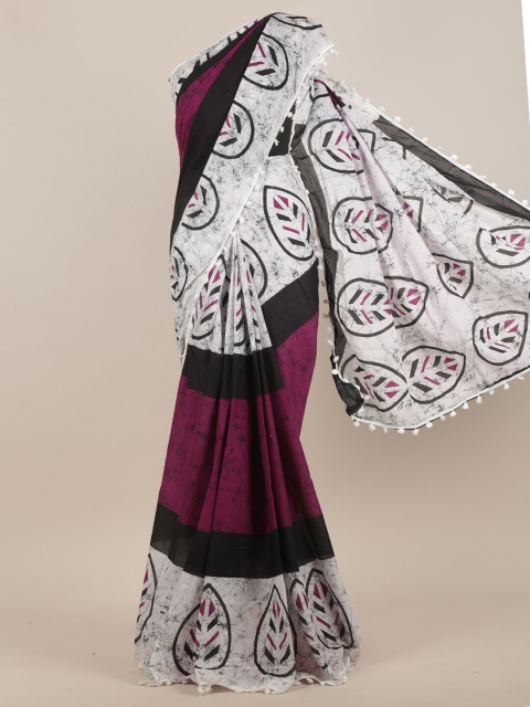 

Pothys Purple & Black Abstract Printed Saree with Leaf Print Detail