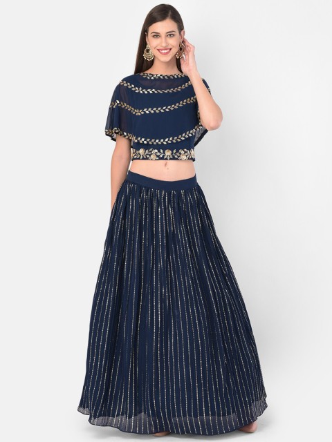 

Neerus Blue & Gold-Toned Embellished Beads and Stones Ready to Wear Lehenga Choli