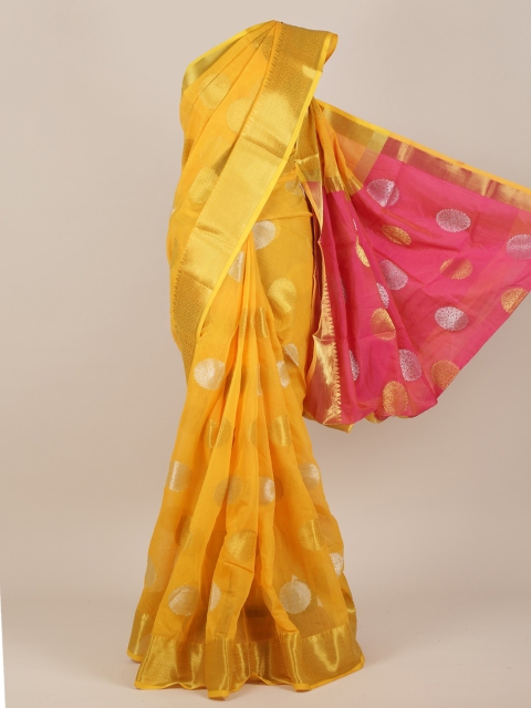 

Pothys Yellow & Red Ethnic Motifs Zari Cotton Blend Saree