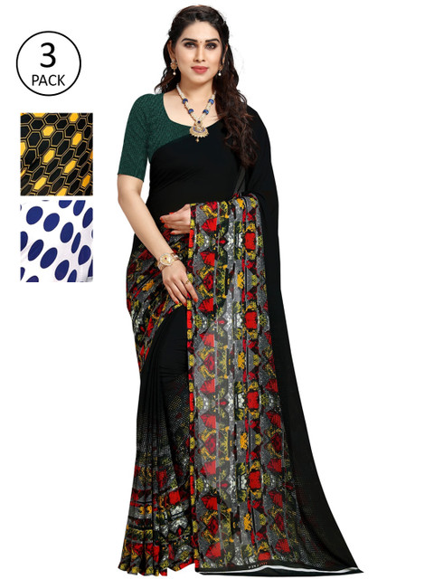 

KALINI Pack of 3 Poly Georgette Sarees, Yellow