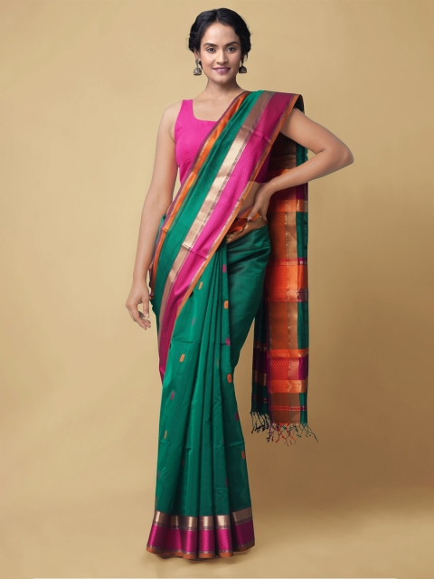 

Unnati Silks Green & Pink Woven Design Zari Silk Cotton Maheshwari Saree