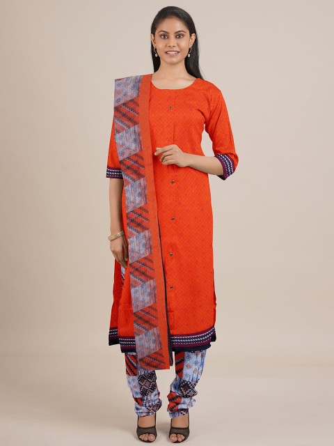 

Pothys Orange & Blue Printed Unstitched Dress Material