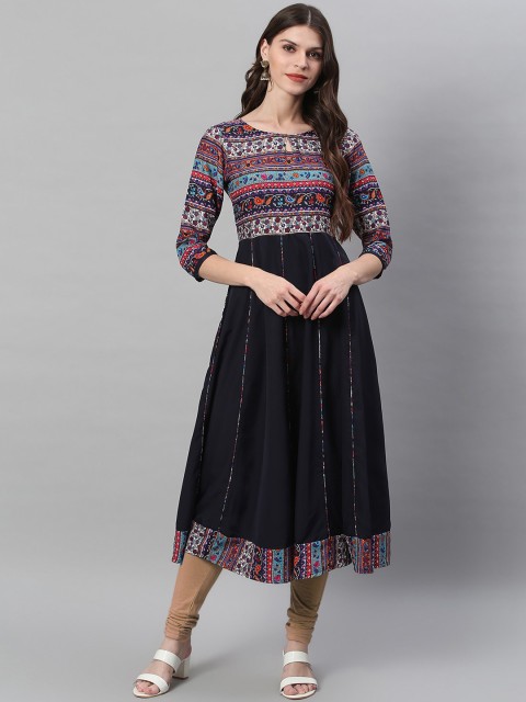 

Azira Women Navy Blue Ethnic Motifs Printed Crepe Anarkali Kurta