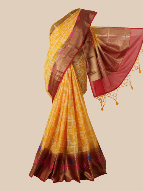 

Pothys Yellow & White Ethnic Motifs Print Zari Tusser Silk Saree