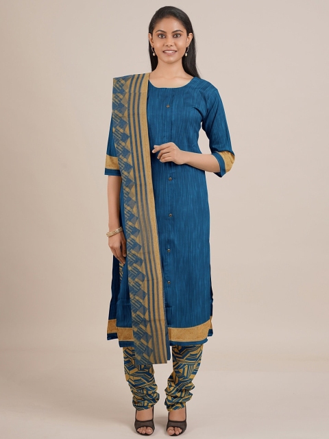 

Pothys Blue & Khaki Unstitched Dress Material