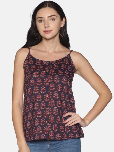 

Saffron Threads Navy Blue Jaipur Ethnic Printed Shoulder Straps Front Open A-line Top