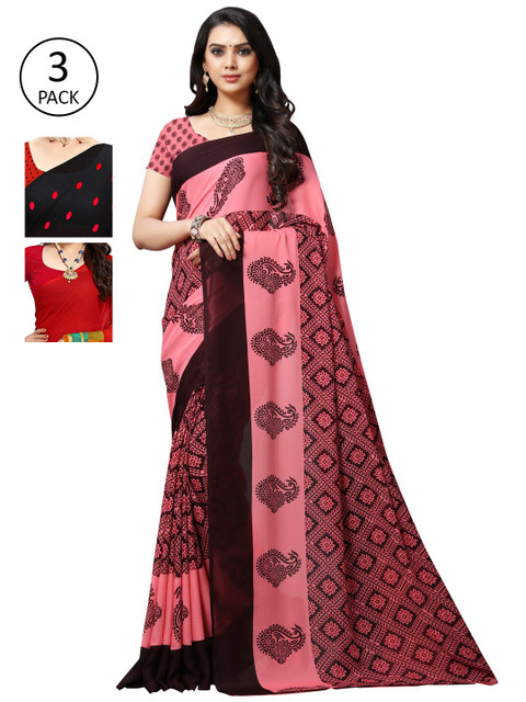 

KALINI Women Pack of 3 Printed Sarees, Red