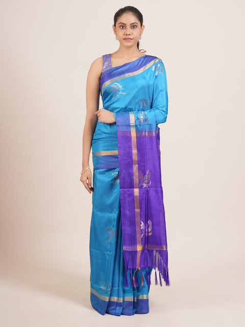 

Pothys Blue & Turquoise Blue Floral Pure Silk Uppada Saree