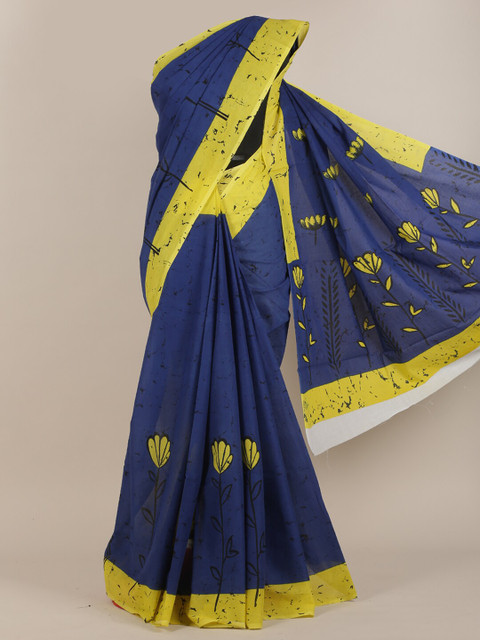 

Pothys Blue & Yellow Floral Cotton Blend Saree