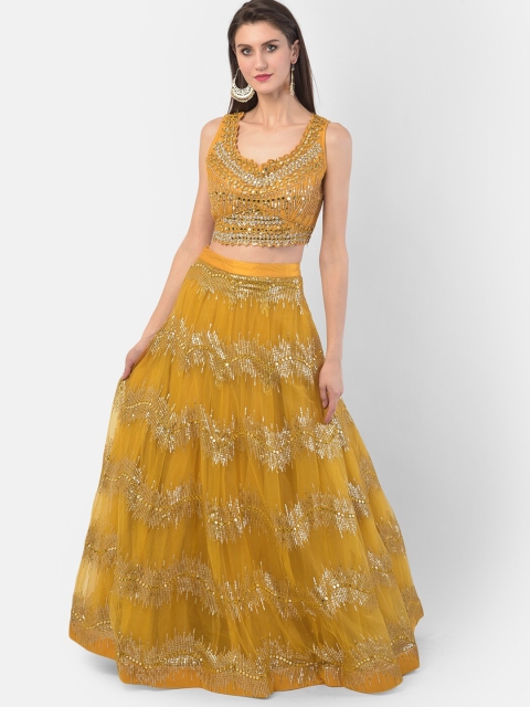 

Neerus Mustard & Gold-Toned Embellished Mirror Work Ready to Wear Lehenga & Blouse With Dupatta
