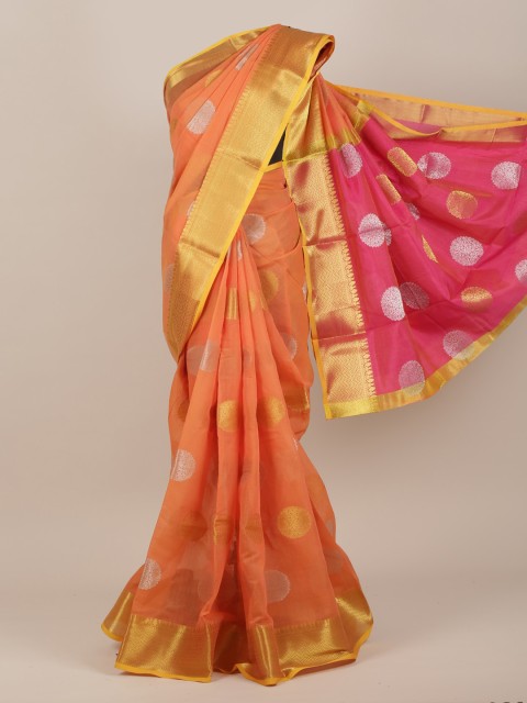 

Pothys Peach & Gold-Toned Woven Design Zari Cotton Blend Saree