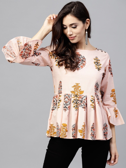 

Nayo Peach-Coloured & Grey Floral Printed Flared Sleeve Cotton Peplum Top