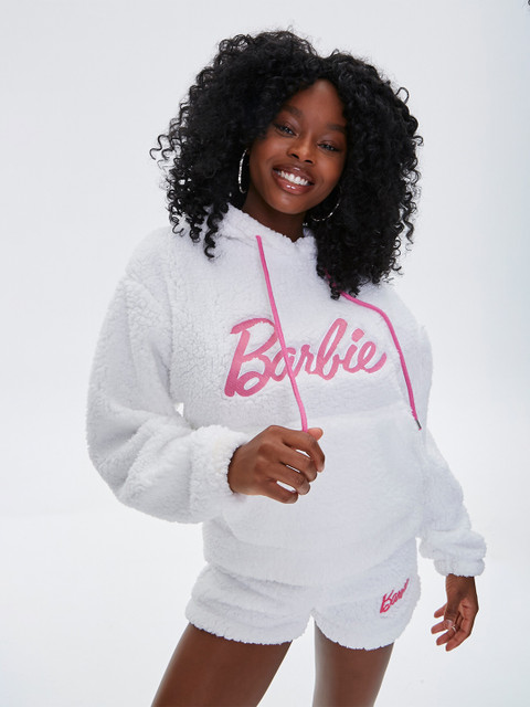 

FOREVER 21 Women White & Pink Barbie Hooded Pullover
