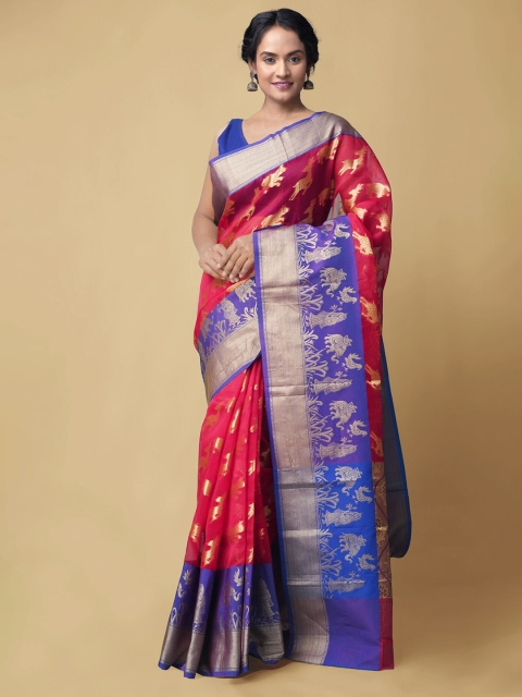 

Unnati Silks Red & Golden Ethnic Motifs Zari Silk Cotton Banarasi Handloom Saree