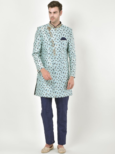 

VASTRAMAY Men Turquoise Blue & Navy Blue Woven-Design Silk Sherwani Set