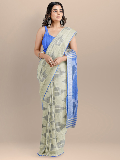 

BharatSthali Off White & Blue Woven Design Zari Pure Cotton Ikat Handloom Saree