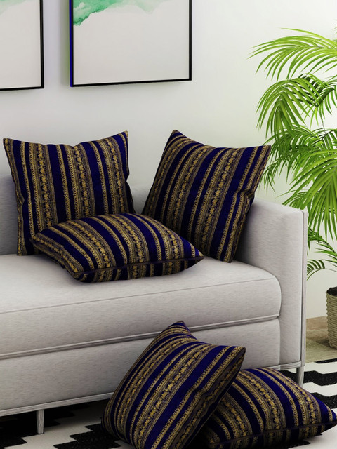 

Salona Bichona Blue & Yellow Set of 5 Striped Square Cotton Cushion Covers