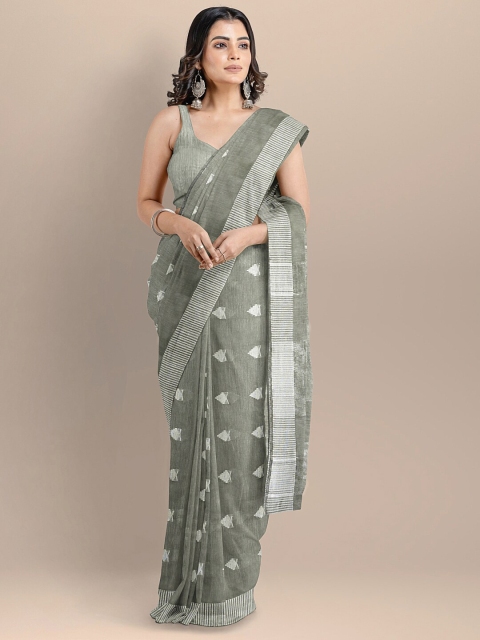 

BharatSthali Grey & Silver-Toned Ethnic Motifs Silk Cotton Mangalagiri Handloom Saree