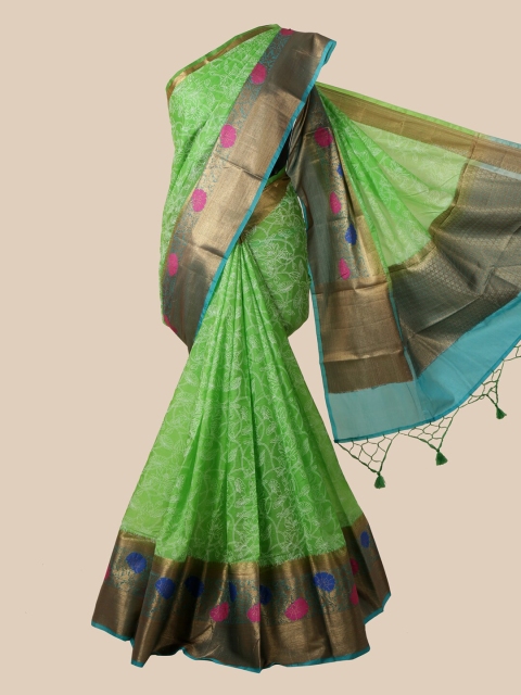 

Pothys Green & White Floral Print Tusser Silk Saree