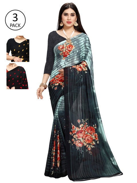 

KALINI Pack Of 3 Multicoloured Floral Poly Georgette Saree, Multi