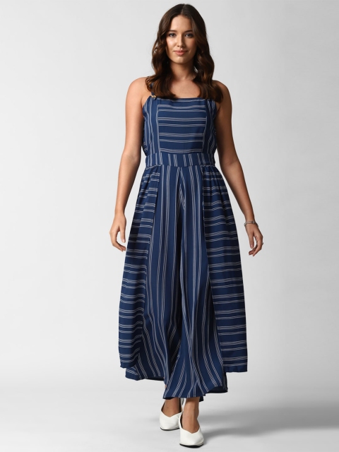 

FOREVER 21 Blue & White Striped Basic Jumpsuit