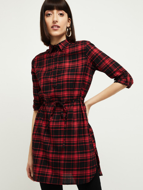 

max Red & Black Shirt Collar Checked Tunic