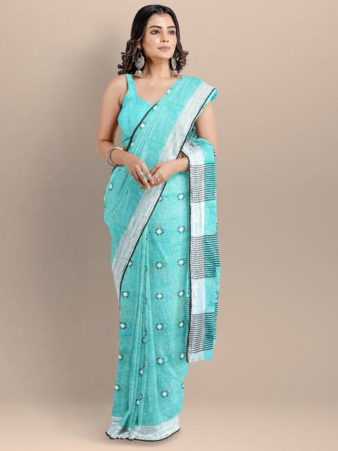 

BharatSthali Blue & White Woven Design Pure Linen Jamdani Handloom Saree
