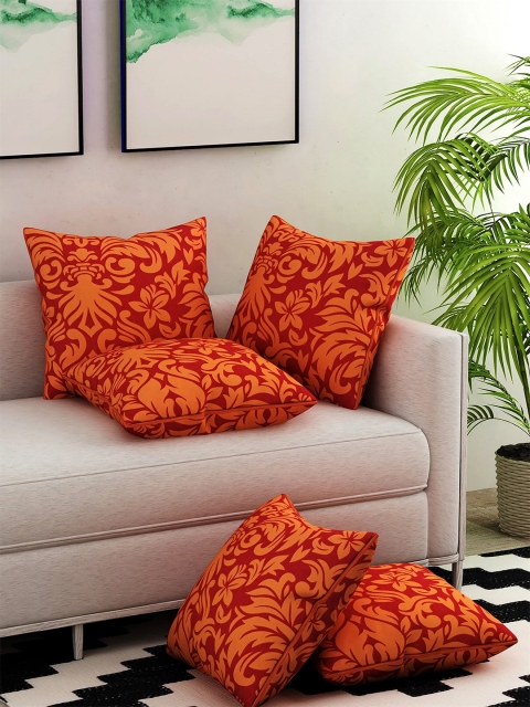

Salona Bichona Orange & Red Set of 5 Ethnic Motifs Square Cotton Cushion Covers
