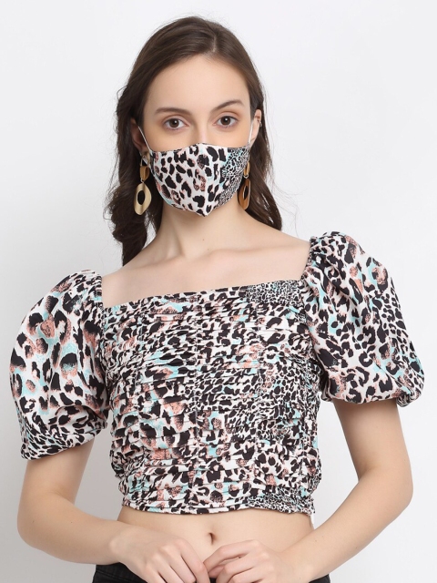 

DIVA WALK EXCLUSIVE Brown Animal Puff Sleeve Bardot Crop Top