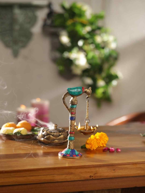 

Amoliconcepts Gold-Toned & Blue Printed Traditional Stone-Studded Parrot Lamp