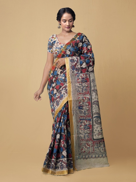 

Unnati Silks Black & Blue Kalamkari Pure Cotton Kanjeevaram Handloom Saree