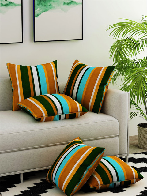 

Salona Bichona Brown & Blue Set of 5 Striped Square Cotton Cushion Covers