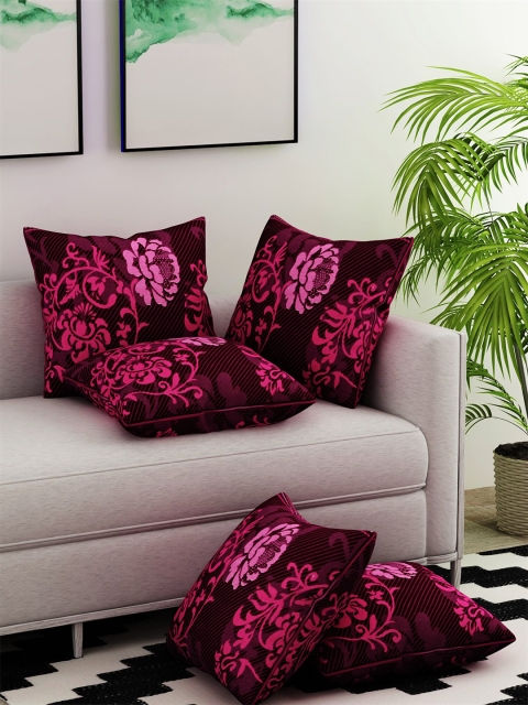 

Salona Bichona Burgundy & Pink Set of 5 Floral Square Cushion Covers