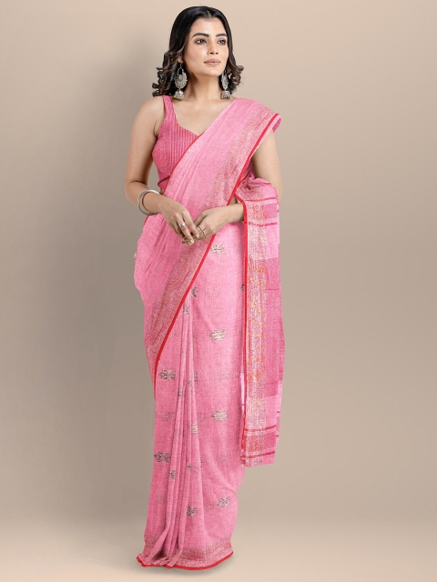 

BharatSthali Pink Ethnic Motifs Pure Linen Jamdani Handloom Saree