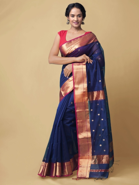 

Unnati Silks Navy Blue & Golden Woven Design Zari Silk Cotton Maheshwari Handloom Saree
