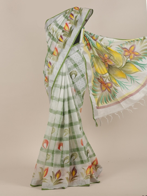 

Pothys White & Green Floral Cotton Blend Saree