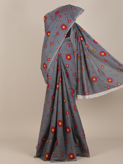 

Pothys Grey & Red Floral Cotton Blend Saree