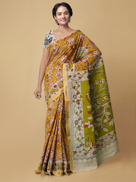 

Unnati Silks Yellow & White Kalamkari Pure Cotton Kanjeevaram Handloom Saree