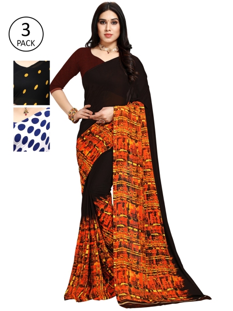 

KALINI Pack Of 3 Poly Georgette Sarees, Black