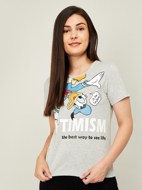 

Ginger by Lifestyle Women Grey Melange Printed T-shirt