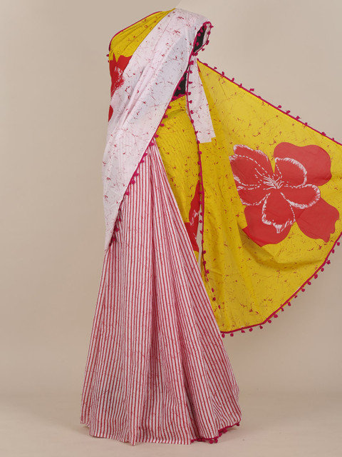 

Pothys Yellow & White Printed Striped Saree