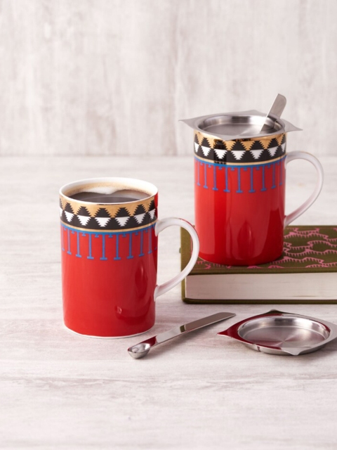 

ARTTDINOX Red & Beige Aladin Printed 2 Stainless Steel Glossy Mugs Set