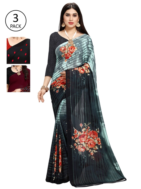 

KALINI Women Pack of 3 Printed Sarees, Black