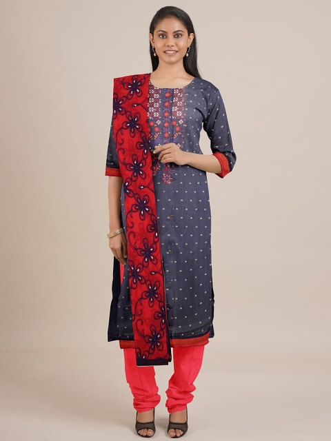 

Pothys Navy Blue & Red Unstitched Dress Material