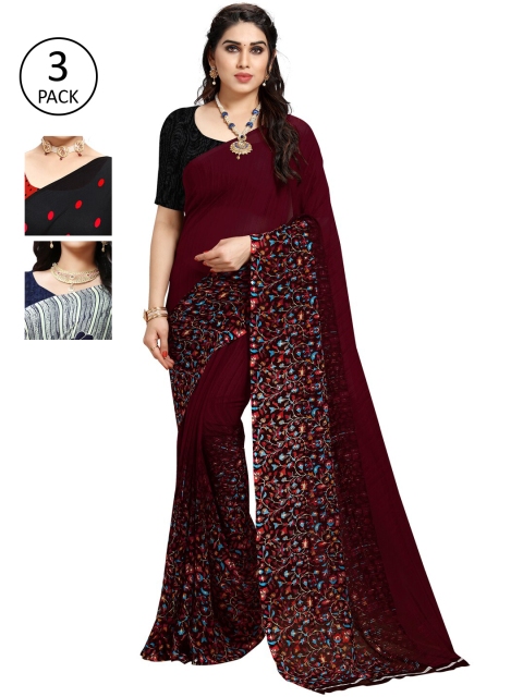 

KALINI Pack of 3 Poly Georgette Printed Sarees, Black