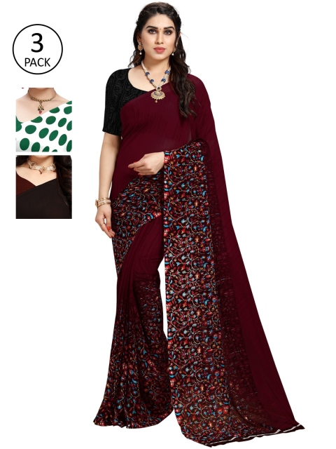 

KALINI Women Pack of 3 Printed Poly Georgette Sarees, Red